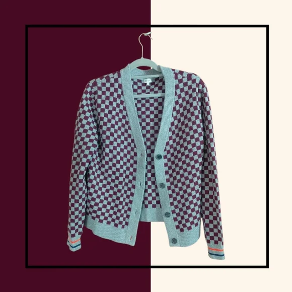 Kule Knite Checkered Heather Wine Cardigan Sweater - Picture 6 of 6